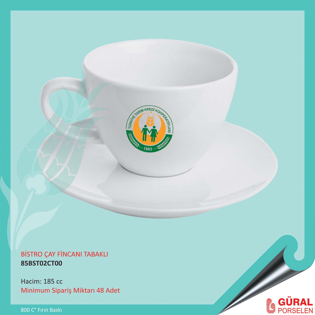 Baskılı Bistro Çay Fincanı ve Tabağı 185 cc
