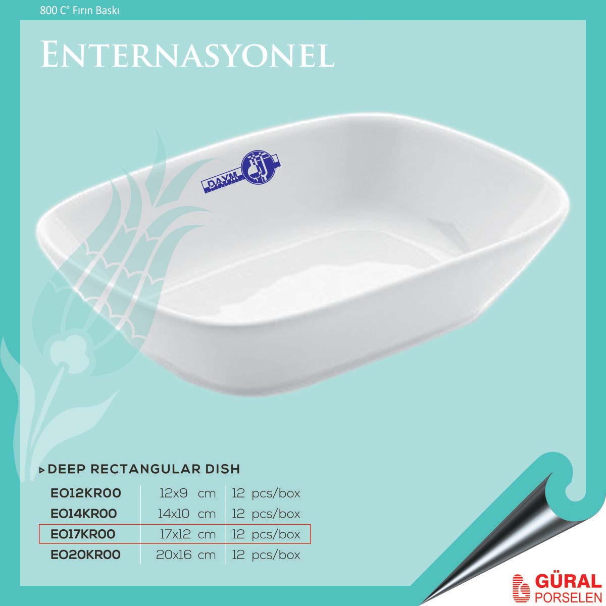 Baskılı Güral Enternasyonel Porselen Kare Kayık Tabak 17 cm