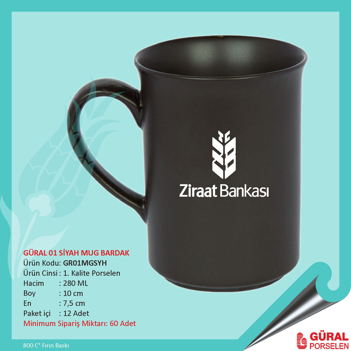 Baskılı Güral 01 Siyah Porselen Kupa Bardak