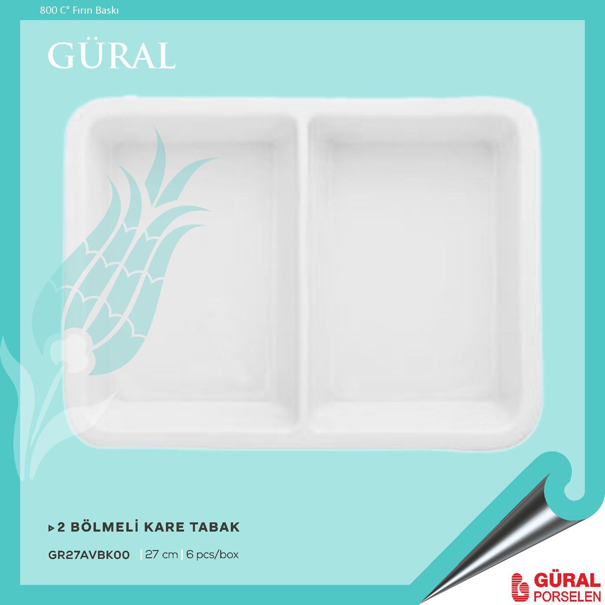 Baskılı Güral 2 Bölmeli Kare Tabak 27 cm