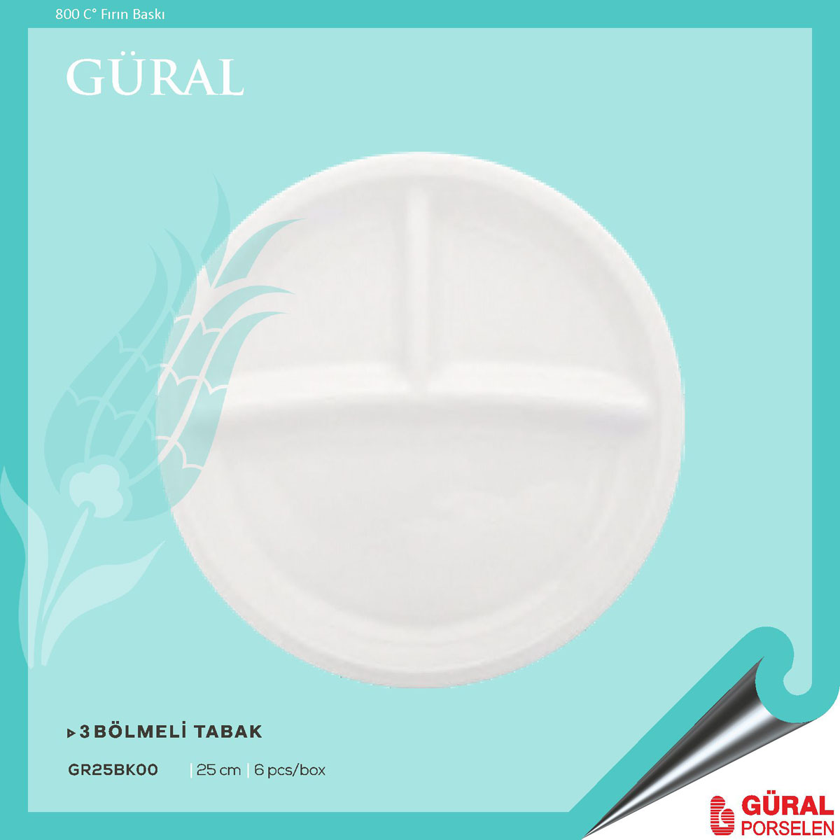 Baskılı Güral 3 Bölmeli Tabak 25 cm