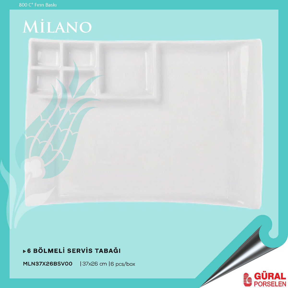 Baskılı Milano Altı Bölmeli Tabak 37 x 26 cm