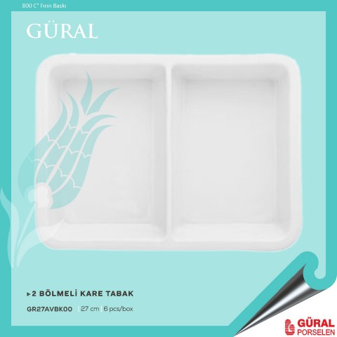 Baskılı Güral 2 Bölmeli Kare Tabak 27 cm