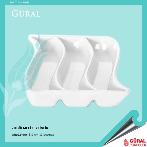Baskılı Güral Porselen 3 Bölmeli Zeytinlik 19cm